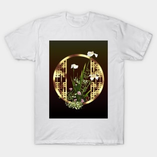 White watercolor irises with a chinese lattice T-Shirt